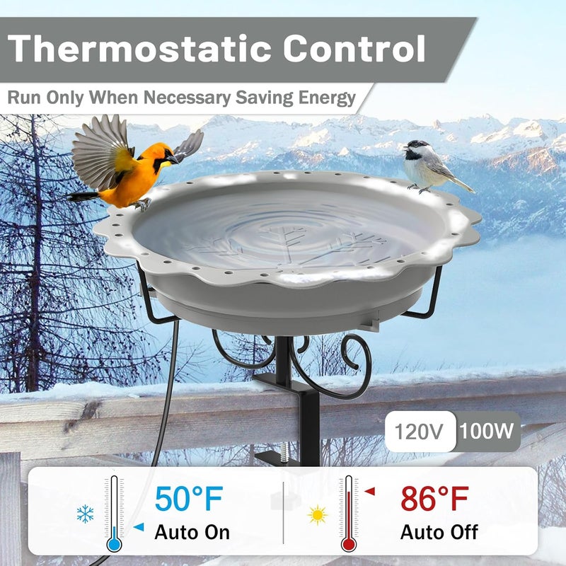 We-buys Heated Bird Baths for Outdoors, 100W Heated Bird Bath for Deck Railing, Heated Birdbath with Thermostat Control, Heated Bird Bath for Outside Winter Garden Patio Yard (Gray) - Image 3
